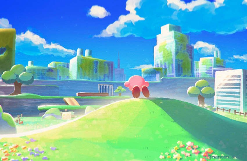 blue_sky, building, colored_skin, fence, flower, grass, kirby, kirby_(series)