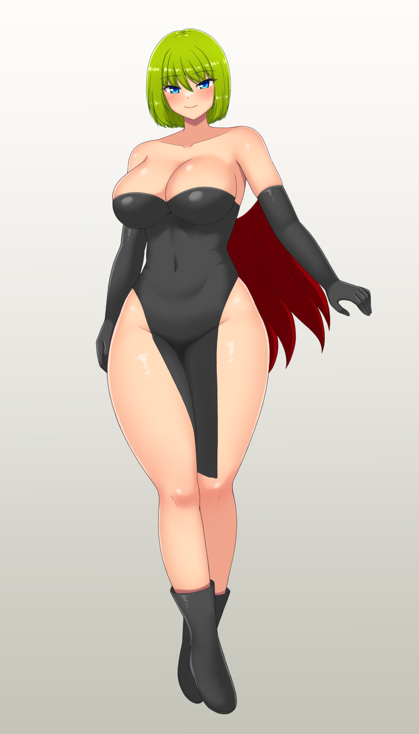 1girl, absurdres, black_dress, black_gloves, breasts, cleavage, closed_mouth, commission, covered_navel, dress, elbow_gloves, full_body, gloves, green_hair, groin, highres, johnny_(seek_as_1990sp), large_breasts, lavarre, looking_at_viewer, short_hair, simple_background, skeb_commission, smile, solo, star_ocean, star_ocean:_the_second_story, thighs, white_background