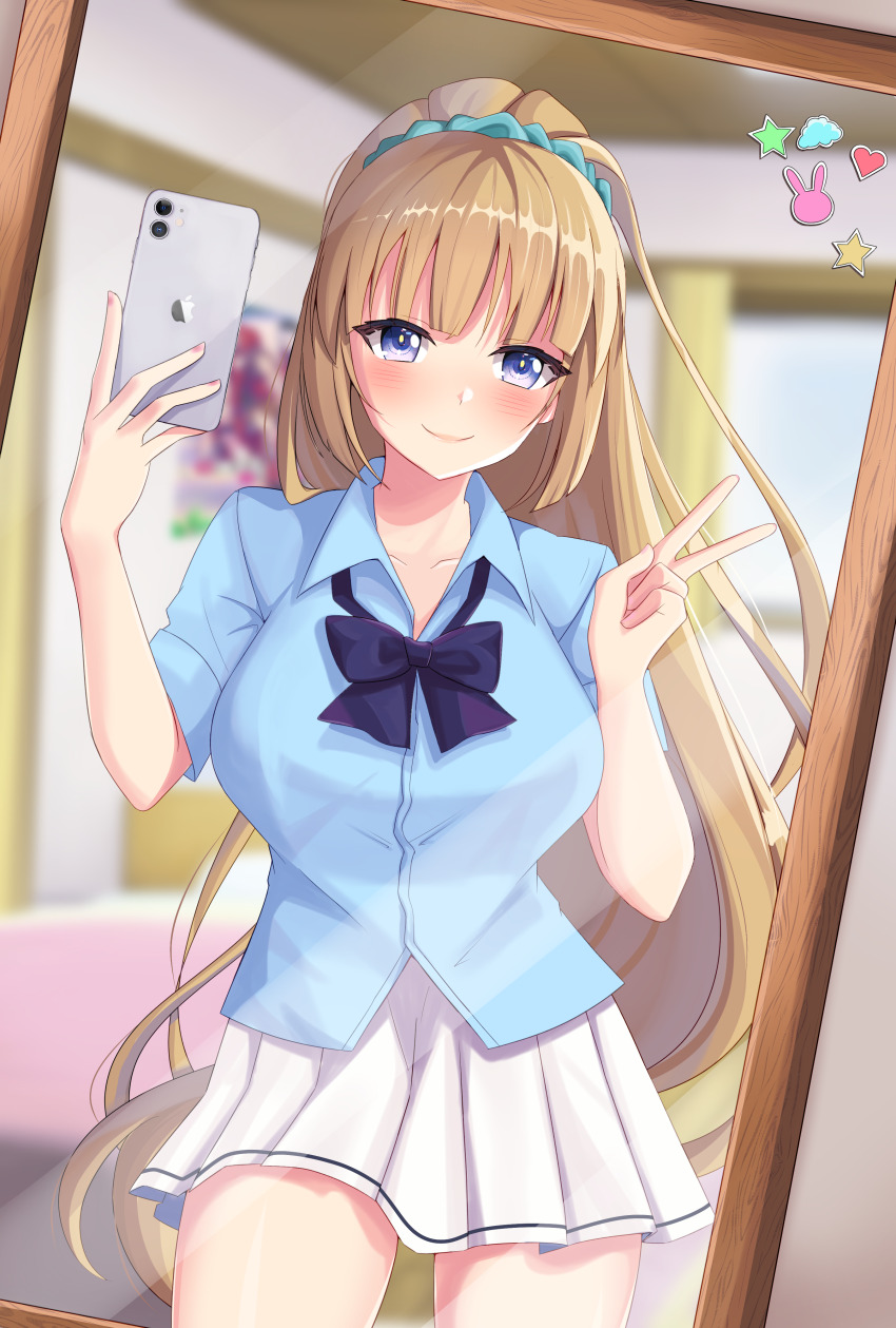 1girl, absurdres, black_bow, black_bowtie, blonde_hair, blue_eyes, blue_shirt, blurry