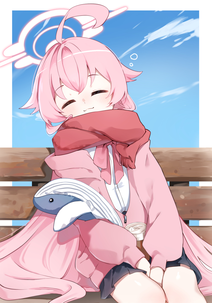 1girl, azisai, bench, blue_archive, blue_sky, blush, closed_eyes, closed_mouth