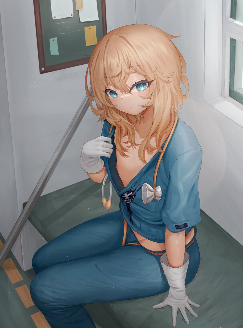 1boy, absurdres, aqua_eyes, blonde_hair, blue_shirt, bridget_(guilty_gear), cosplay, doctor, faust_(guilty_gear), faust_(guilty_gear)_(cosplay), gloves, guilty_gear, guilty_gear_strive, highres, looking_at_viewer, male_focus, medium_hair, nipples, randomcatbox, shirt, short_sleeves, sitting, solo, stethoscope, trap, white_gloves