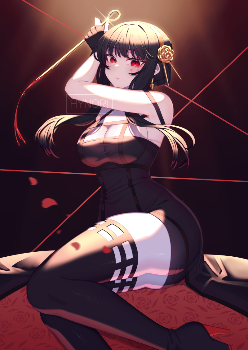 1girl, ass, black_dress, black_hair, blood, bloody_weapon, breasts, cleavage