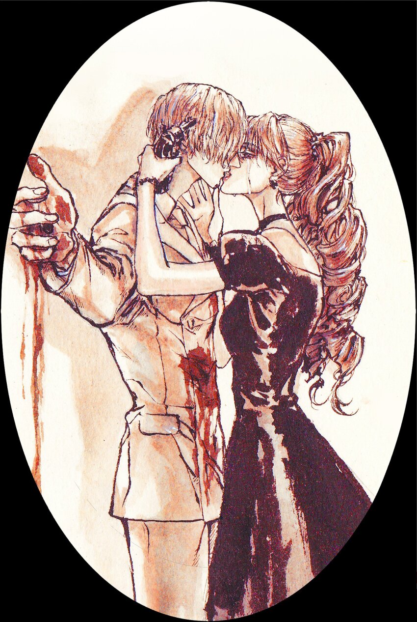 1boy, 1girl, blood, blood_on_clothes, charlotte_pudding, chinese_commentary, choker, commentary