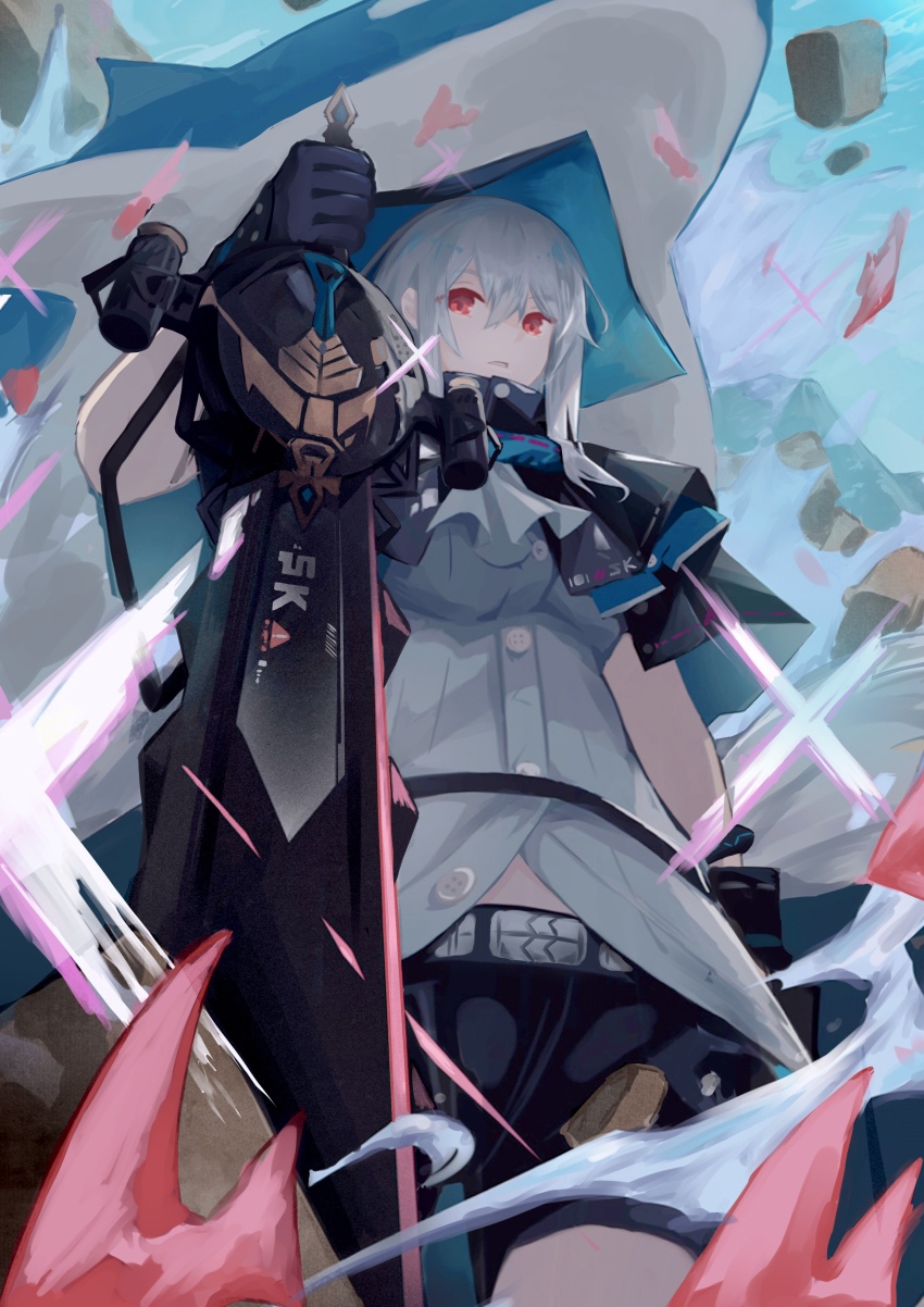 1girl, absurdres, arknights, ascot, belt, black_gloves, black_pants, buttons