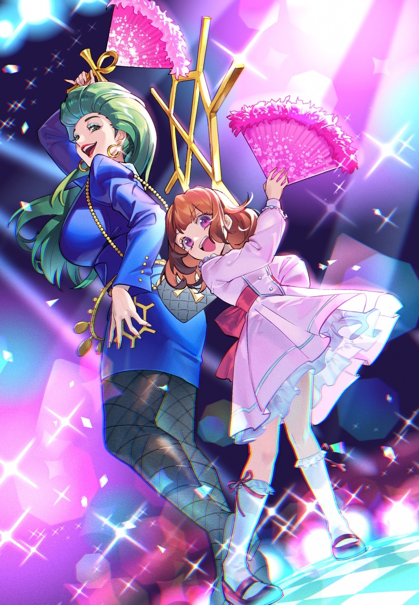 2girls, ankh, arm_up, atachi_mimi, back_bow, bag, blue_eyeshadow, blue_skirt