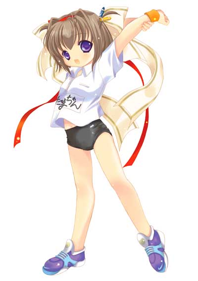 1girl, binzume_yousei, black_buruma, blue_shoes, blush, breast_pocket, brown_hair, buruma