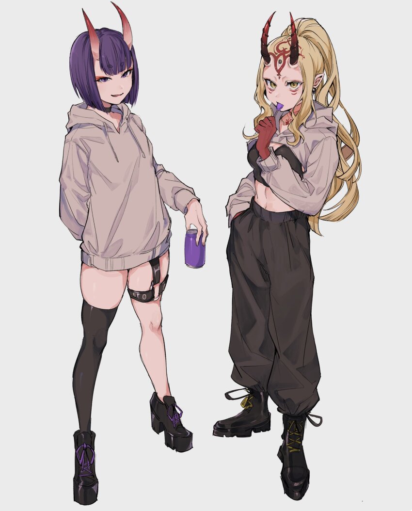 2girls, belt, black_footwear, black_pants, black_thighhighs, blonde_hair, boots, breasts, can, candy, choker, crop_top, earrings, eyeliner, facial_mark, fate/grand_order, fate_(series), food, forehead_mark, full_body, grey_background, grey_hoodie, highres, holding, holding_can, holding_candy, holding_food, holding_lollipop, hood, hoodie, horns, ibaraki_douji_(fate), ichiya1115, jewelry, lollipop, long_hair, looking_at_viewer, makeup, multiple_girls, navel, oni, pants, parted_lips, platform_footwear, pointy_ears, ponytail, purple_eyes, purple_hair, short_hair, shrug_(clothing), shuten_douji_(fate), simple_background, single_thighhigh, skin-covered_horns, skindentation, small_breasts, smile, tattoo, thigh_belt, thigh_strap, thighhighs, yellow_eyes