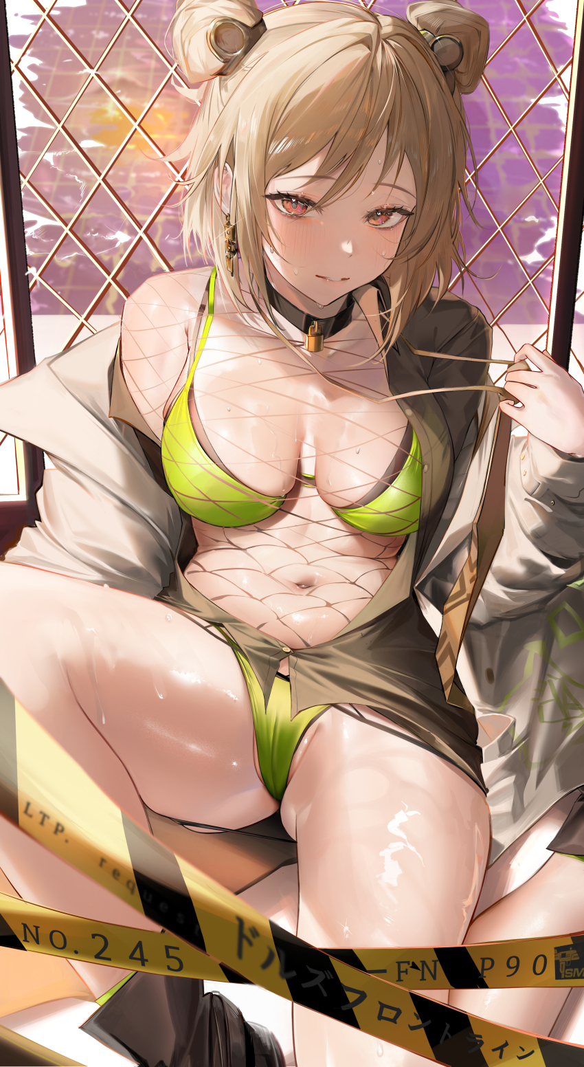 1girl, absurdres, bikini, bodystocking, brown_coat, brown_necktie, cameltoe, caution_tape, choker, coat, commission, double_bun, earrings, fishnet_bodystocking, fishnet_dress, fishnets, girls'_frontline, green_bikini, grey_coat, hair_bun, highres, jacket, jewelry, leg_up, light_brown_hair, lock, mookie_(e_mook9), necktie, off_shoulder, official_alternate_costume, open_clothes, open_coat, open_jacket, open_shirt, p90_(girls'_frontline), p90_(the_girl_from_b.e.l)_(girls'_frontline), padlock, padlocked_collar, pixiv_commission, removing_necktie, sitting, swimsuit, swimsuit_under_clothes