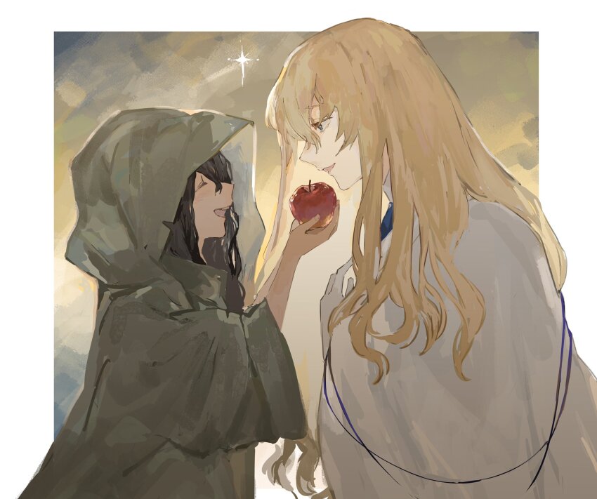2boys, apple, ascot, black_hair, blonde_hair, blue_ascot, blue_eyes, cape, closed_eyes, fate/grand_order, fate_(series), food, from_side, fruit, gloves, hair_between_eyes, hand_up, hands_up, highres, holding, holding_food, holding_fruit, hood, hood_up, kirschtaria_wodime, long_hair, long_sleeves, looking_at_another, male_focus, multiple_boys, open_mouth, pino_(fate), profile, raincoat, smile, star_(sky), surume_(su1193), teeth, upper_body, upper_teeth_only, wavy_hair, white_cape, white_gloves, wide_sleeves