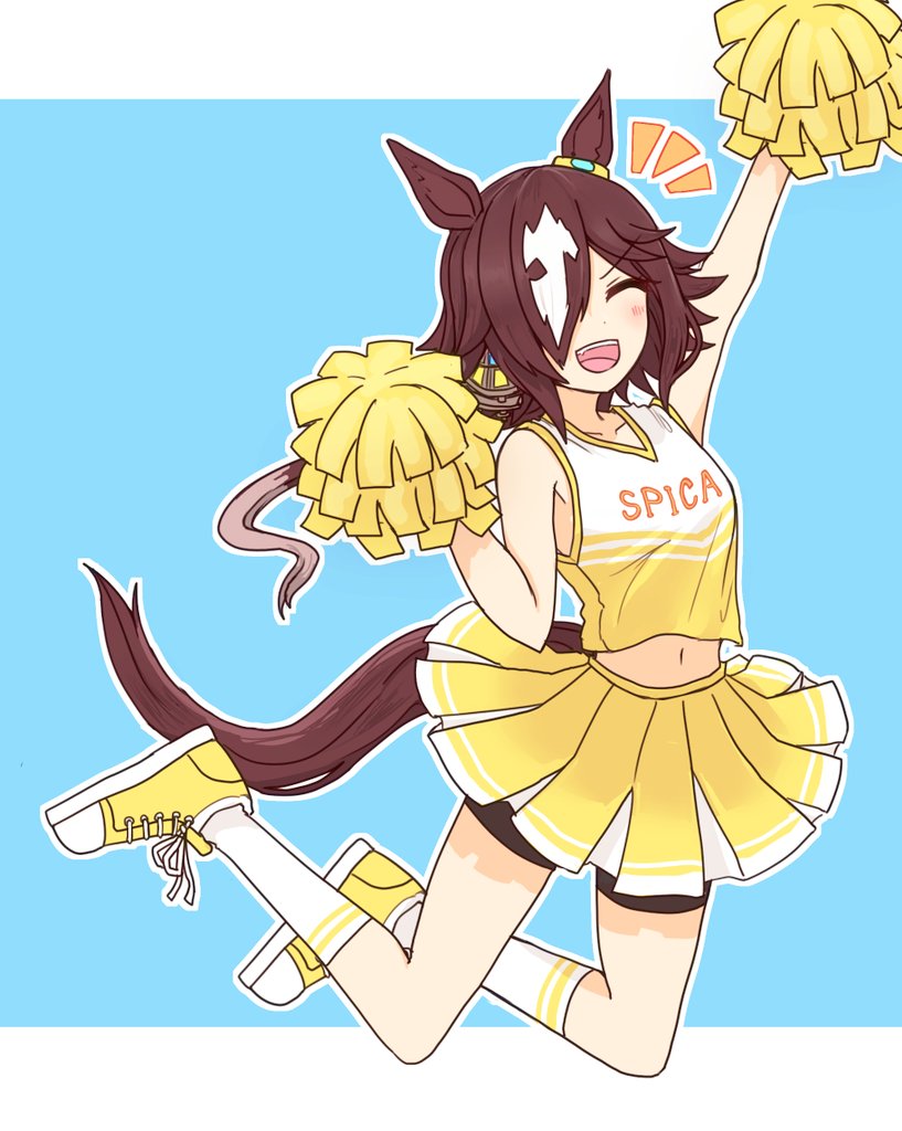 1girl, ^_^, animal_ears, bare_shoulders, bike_shorts, black_shorts, blue_background, border