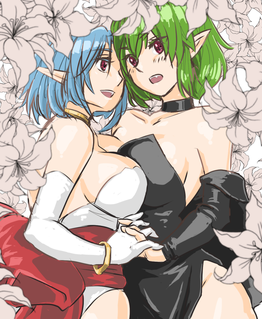 2girls, bare_shoulders, blue_hair, breasts, chickenkue, dress, filia_(star_ocean), flower, gloves, highres, holding_hands, large_breasts, lavarre, multiple_girls, open_mouth, pointy_ears, red_eyes, short_hair, smile, star_ocean, star_ocean:_the_second_story, white_background