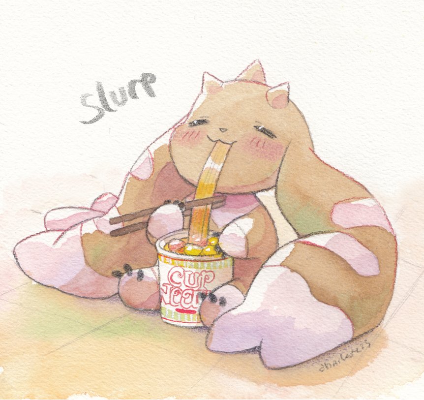 1other, chibicheu, chopsticks, closed_eyes, digimon, digimon_(creature), eating, food