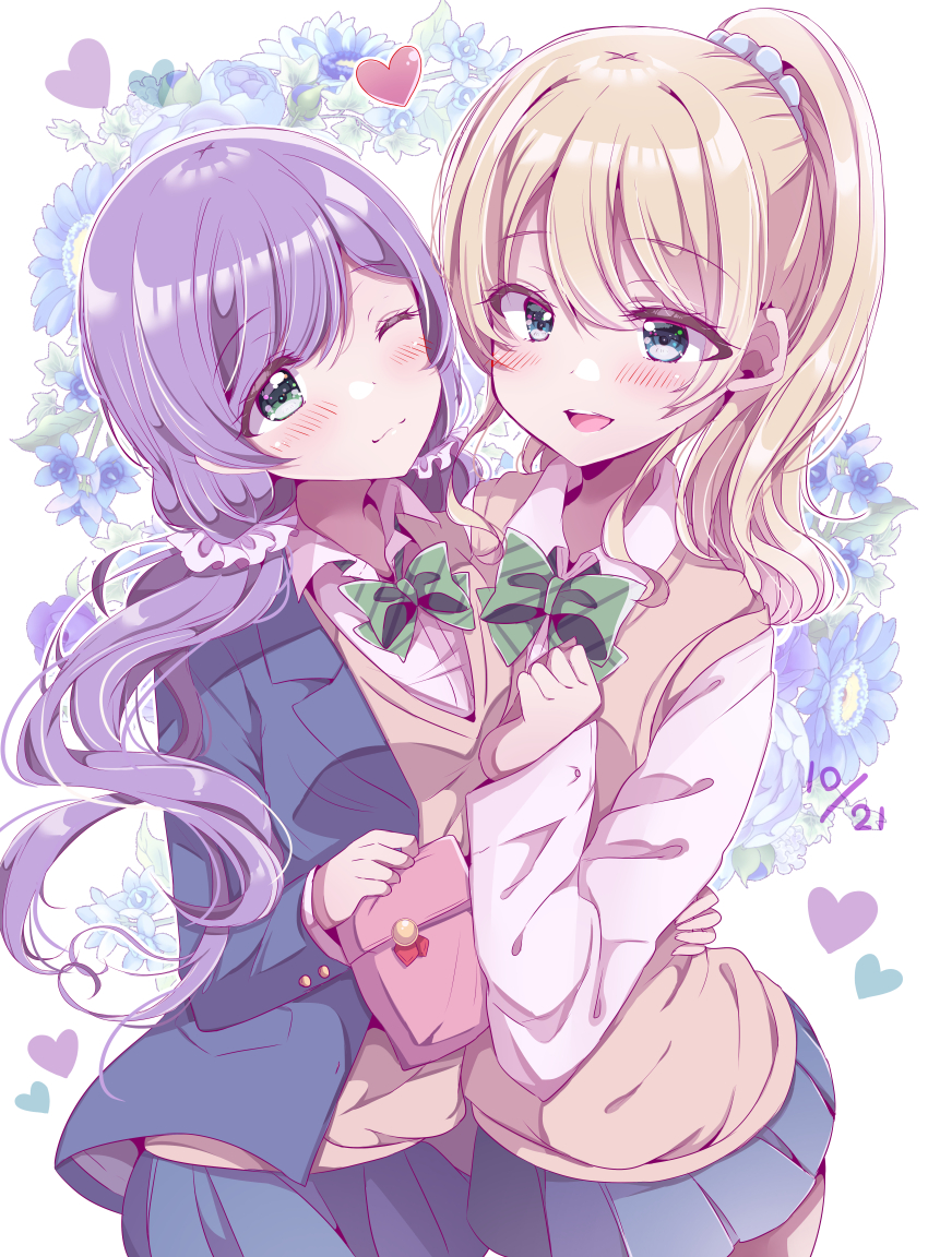 2girls, absurdres, ayase_eli, blonde_hair, blue_eyes, bowtie, diagonal-striped_bow, diagonal-striped_bowtie