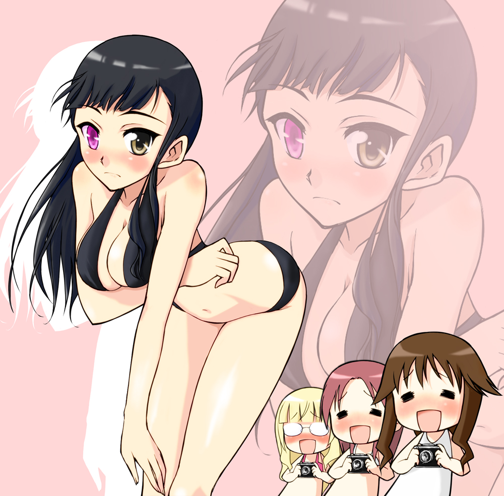 4girls, =_=, bad_id, bad_pixiv_id, bikini, black_hair, blush, breasts