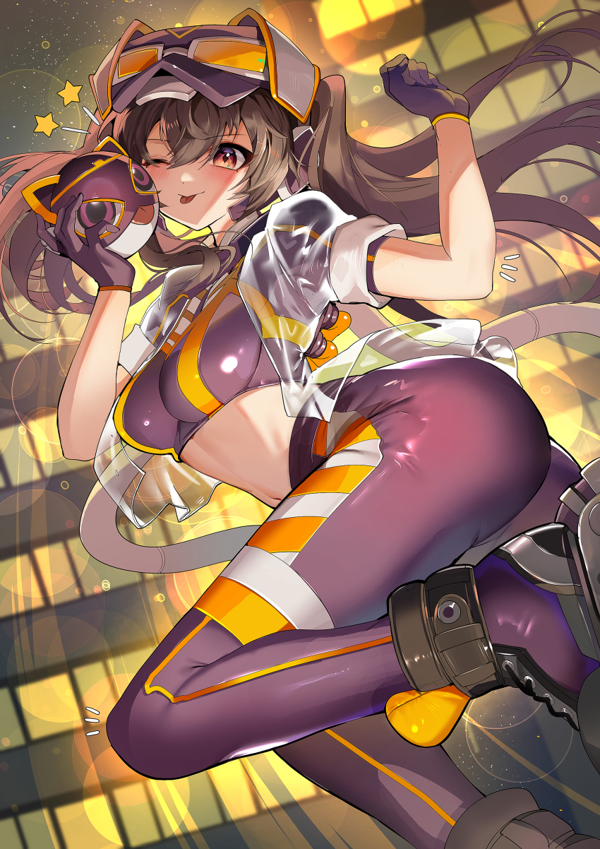 1girl, ;p, absurdres, ass, blush, breasts, brown_eyes, brown_hair, building, cat_mask, commentary, duel_monster, em:p_meowmine, floating_hair, gloves, hair_between_eyes, highres, i:p_masquerena, inline_skates, jacket, long_hair, looking_at_viewer, mask, medium_breasts, midriff, multicolored_pants, multicolored_shirt, navel, night, notice_lines, one_eye_closed, open_clothes, open_jacket, outdoors, pants, purple_gloves, purple_pants, purple_shirt, ro_g_(oowack), roller_skates, see-through_clothes, see-through_jacket, shirt, short_sleeves, sidelocks, skates, skyscraper, star_(symbol), untranslatable_commentary, tight_clothes, tight_pants, tongue, tongue_out, twintails, yu-gi-oh!