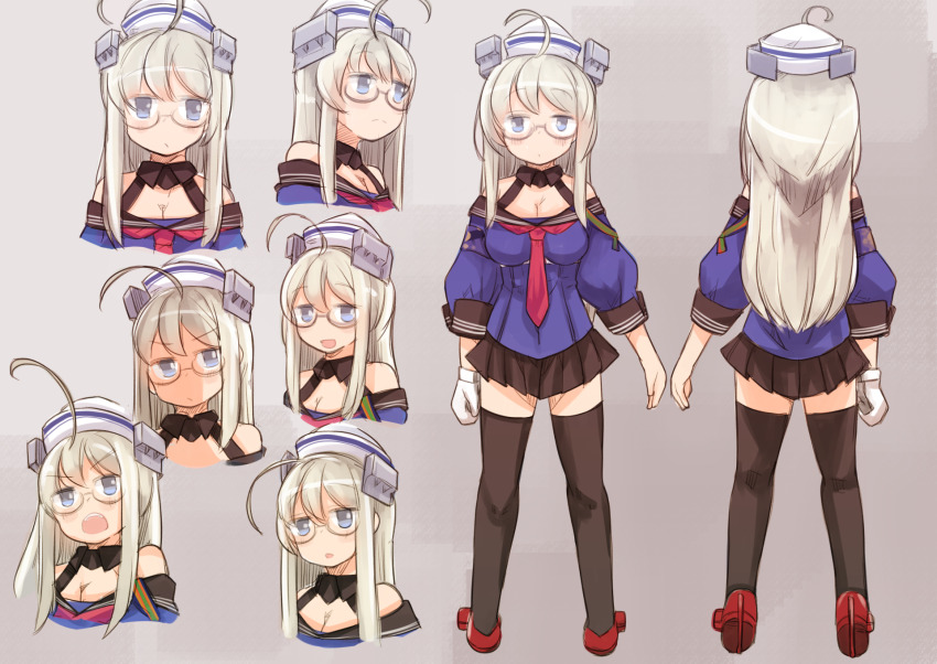 1girl, ahoge, asymmetrical_sidelocks, black_sailor_collar, black_skirt, black_thighhighs, blue_shirt, breasts