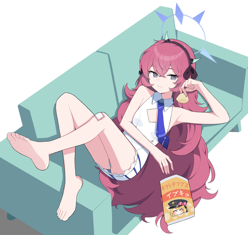 1girl, absurdres, bag_of_chips, barefoot, blue_archive, blue_halo, blue_necktie, closed_mouth, commentary, cosplay, grey_eyes, halo, highres, ibuki_(blue_archive), iroha_(blue_archive), long_hair, momoka_(blue_archive), momoka_(blue_archive)_(cosplay), necktie, nord_(expc4752), red_hair, simple_background, solo, white_background