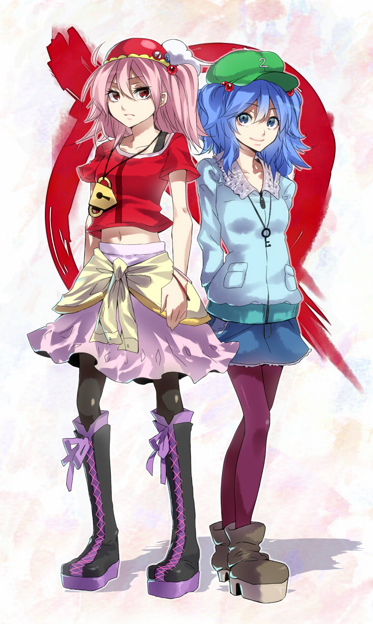 2girls, alternate_costume, bad_id, bad_pixiv_id, boots, contemporary, female_focus, hair_bobbles