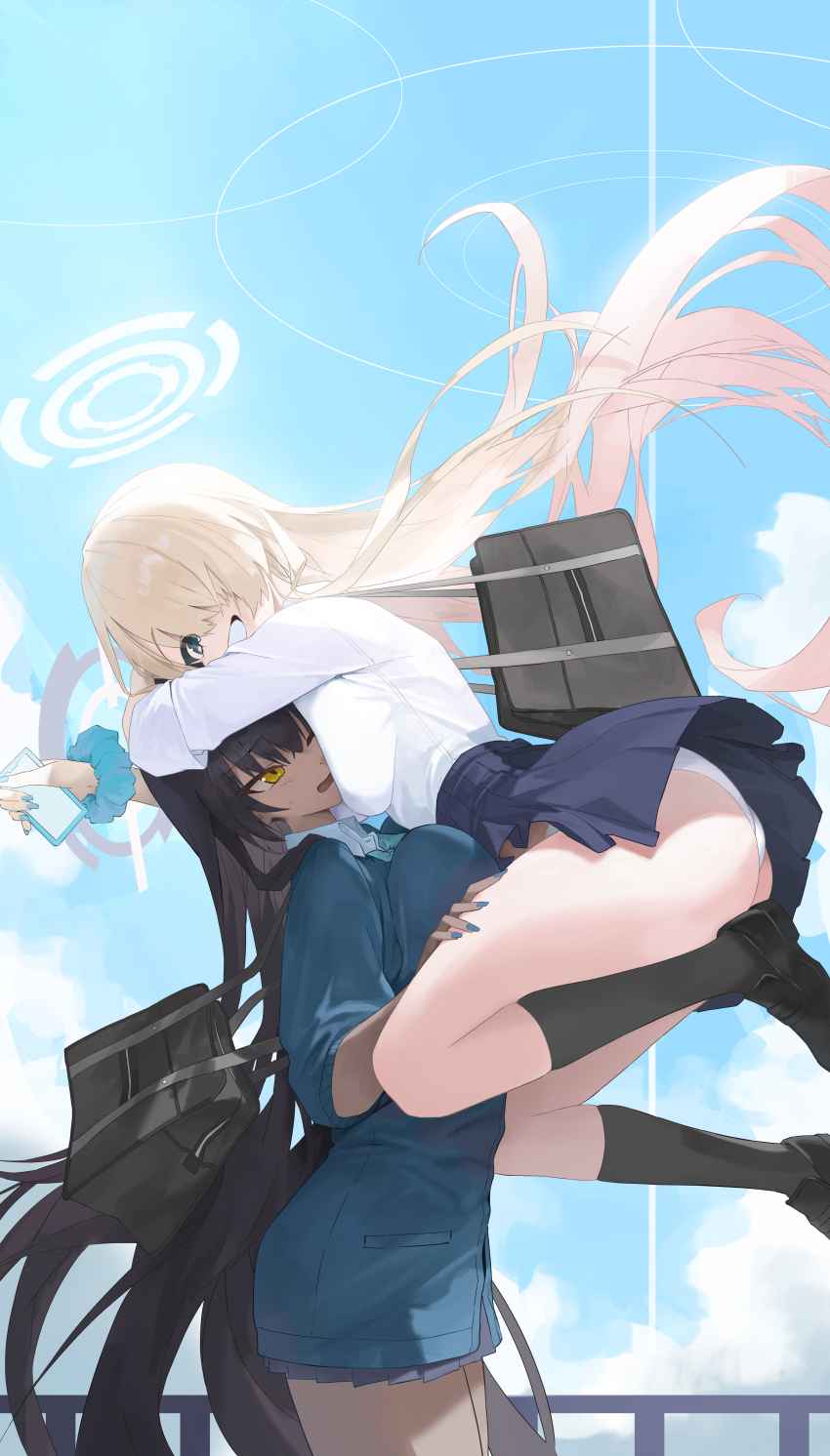 1-5iro, 2girls, absurdres, ass, asuna_(blue_archive), asuna_(school_uniform)_(blue_archive), bag, black_footwear