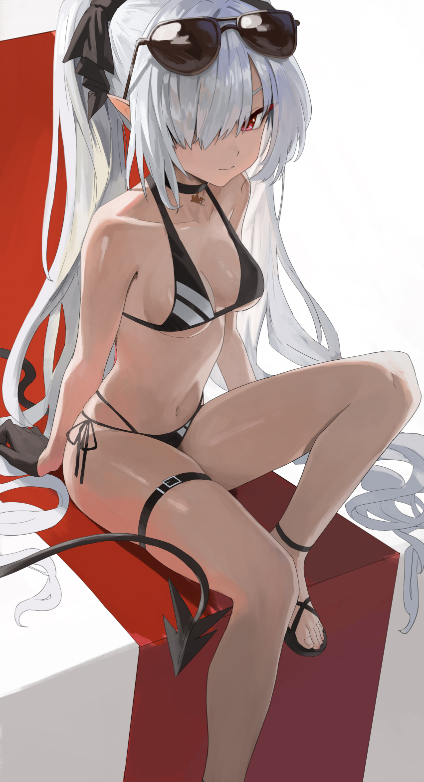 1-5iro, 1girl, absurdres, bikini, black_bikini, black_choker, black_ribbon, blue_archive