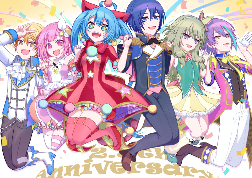 3boys, 3girls, ahoge, aida_karasu, animal_ears, anniversary, aqua_eyes, aqua_hair
