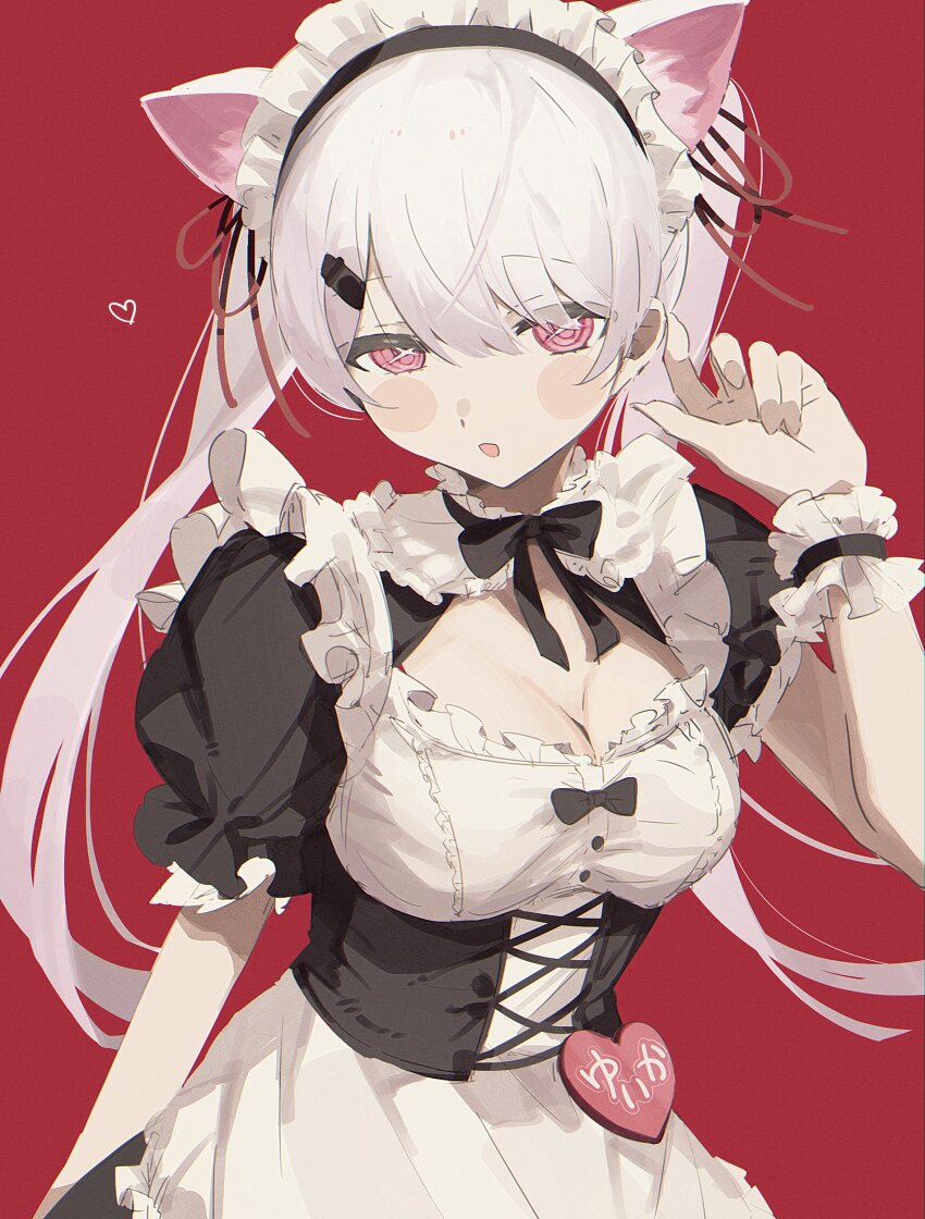 1girl, absurdres, animal_ears, black_bow, black_bowtie, blush_stickers, bow, bowtie, breasts, cat_ears, cleavage, dress, heart, highres, large_breasts, long_hair, maid_headdress, name_tag, nijisanji, nora_(misato0301), pink_eyes, pink_hair, shiina_yuika, shiina_yuika_(5th_costume), twintails, virtual_youtuber, wrist_cuffs