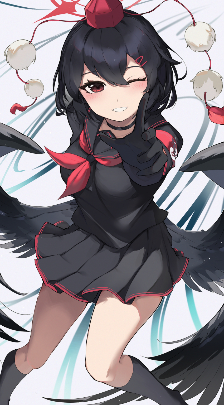 1girl, ;d, absurdres, alternate_costume, armband, black_choker, black_gloves, black_hair