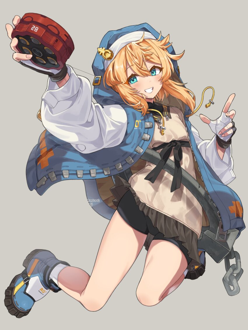 1boy, androgyne_symbol, aqua_eyes, bike_shorts, bike_shorts_under_skirt, black_gloves, blonde_hair, blush, bridget_(guilty_gear), cuffs, fingerless_gloves, gloves, guilty_gear, guilty_gear_strive, habit, handcuffs, highres, hood, hood_up, hooded_jacket, hoodie, jacket, kaichou_(homehome_h), long_sleeves, looking_at_viewer, male_focus, medium_hair, open_clothes, open_hoodie, puffy_long_sleeves, puffy_sleeves, smile, solo, trap, yo-yo