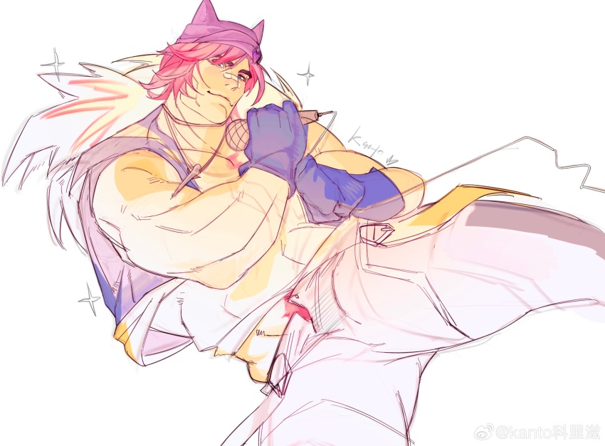 1boy, absurdres, bara, feet_out_of_frame, heartsteel_sett, highres, holding, holding_microphone