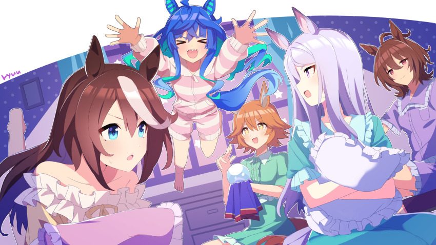 >_<, 5girls, agnes_tachyon_(umamusume), ahoge, alternate_costume, alternate_hairstyle, animal_ears, aqua_pajamas, artist_name, blush, brown_hair, crystal_ball, frilled_pajamas, frills, hair_between_eyes, highres, horse_girl, matikanefukukitaru_(umamusume), medium_hair, mejiro_mcqueen_(racehorse), mejiro_mcqueen_(umamusume), multiple_girls, off_shoulder, open_mouth, orange_hair, pajamas, pillow, purple_eyes, purple_hair, ryuu_(ryuraconis), teeth, tokai_teio_(umamusume), twin_turbo_(umamusume), umamusume, umayuru, upper_teeth_only