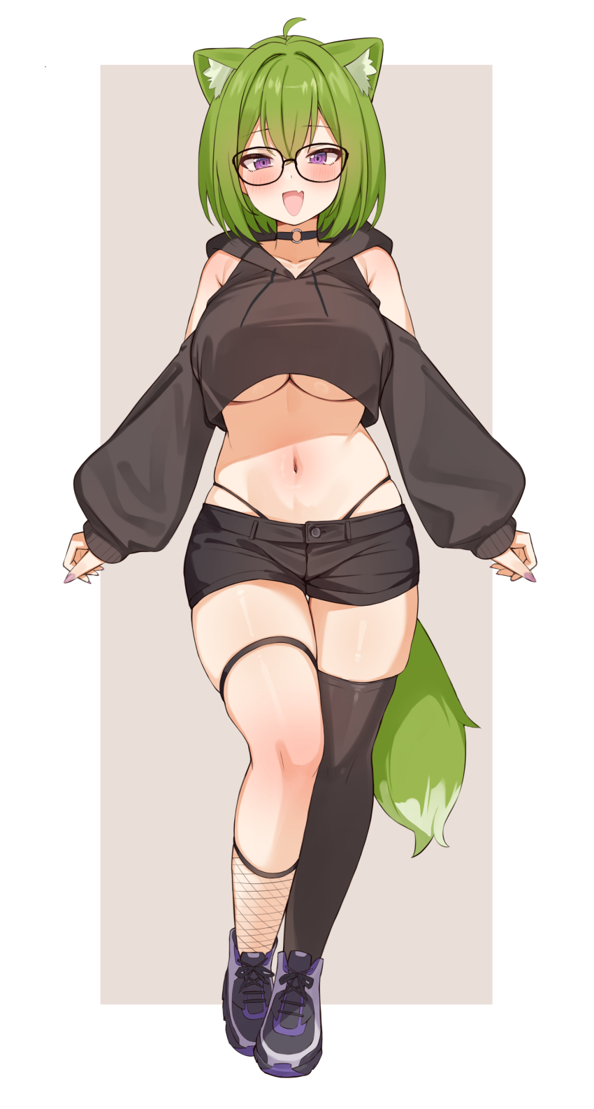 1girl, absurdres, animal_ears, asymmetrical_legwear, black-framed_eyewear, black_hoodie, black_shoes, black_shorts