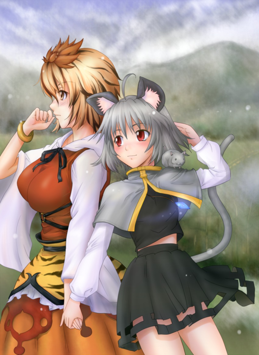 2girls, animal_ears, artist_request, female_focus, haneori, highres, holding_hands, mouse_(animal)