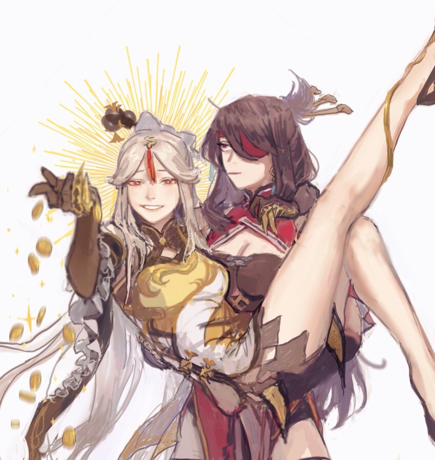 2girls, :|, arm_around_neck, beidou_(genshin_impact), blonde_hair, breasts, bright_pupils, brown_gloves