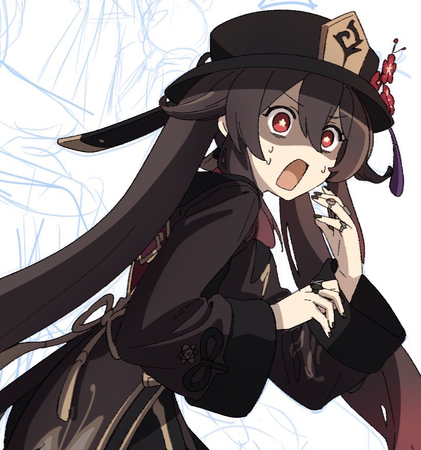 1girl, black_hat, black_nails, brown_coat, brown_hair, coat, flower, flower-shaped_pupils