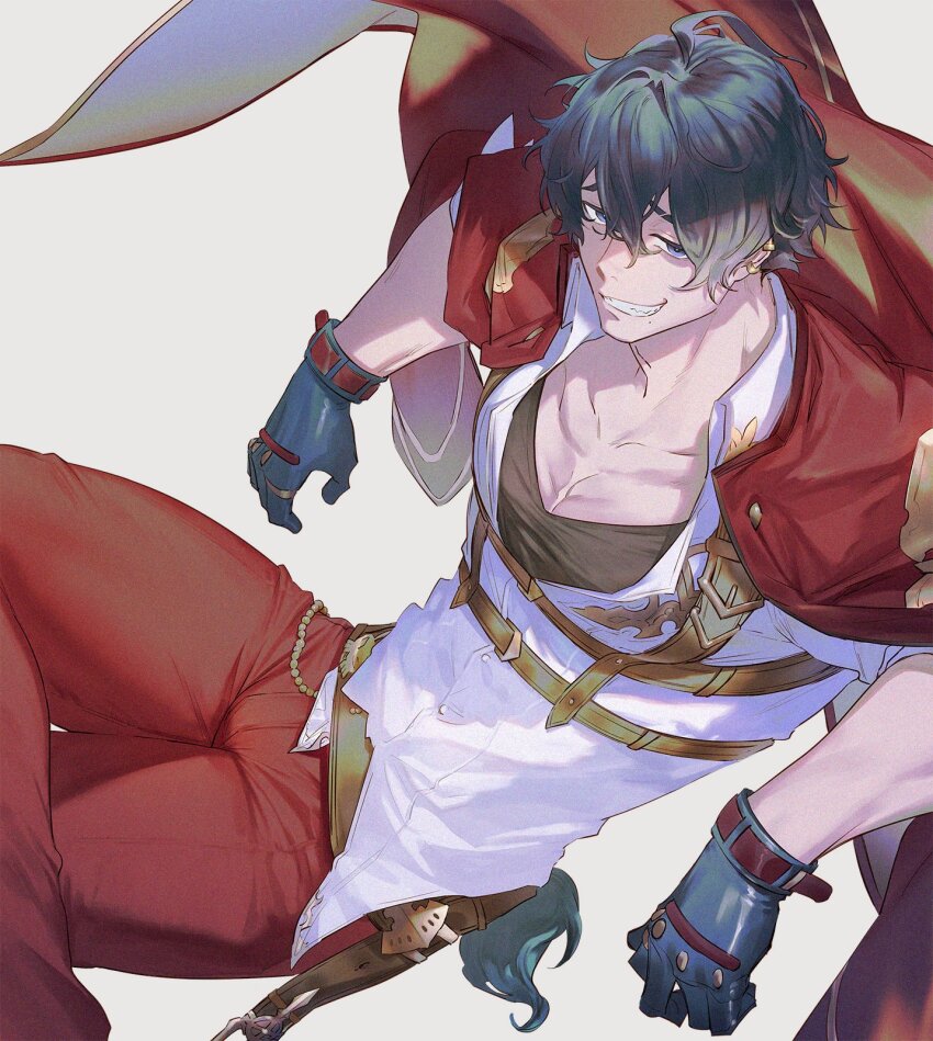 1boy, bara, black_gloves, black_hair, black_tank_top, coat, coat_on_shoulders, crossed_legs, domon_(granblue_fantasy), gloves, granblue_fantasy, haiki_(tegusu), highres, large_pectorals, looking_at_viewer, male_focus, muscular, muscular_male, pants, pectorals, red_coat, red_pants, shirt, short_hair, smile, solo, tank_top, teeth, white_shirt