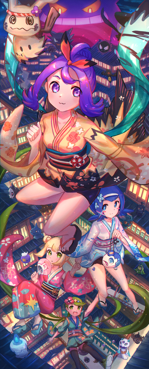 4girls, :3, acerola_(pokemon), alternate_costume, blue_hair, blush_stickers, building, closed_mouth