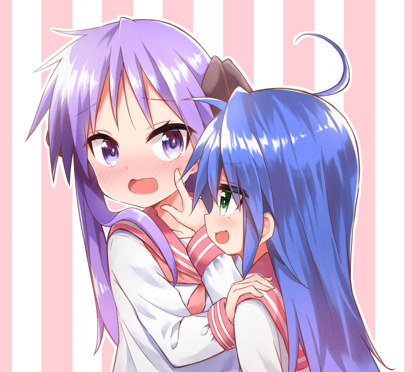2girls, :3, black_bow, black_ribbon, blue_hair, blush, bow, cheek_poking, green_eyes, hiiragi_kagami, izumi_konata, long_hair, lucky_star, multiple_girls, open_mouth, poking, purple_eyes, purple_hair, red_serafuku, ribbon, school_uniform, serafuku, twintails, urushi_(2634334)