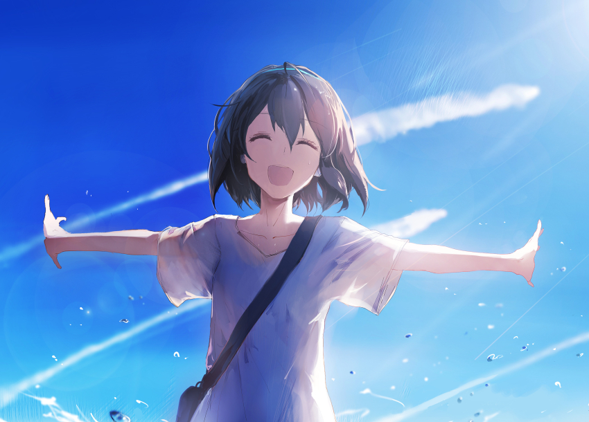 1girl, ^_^, bag, black_hair, blue_sky, bob_cut, closed_eyes, commentary, contrail, day, english_commentary, facing_viewer, hair_between_eyes, highres, kaisei_(vocaloid), mixed-language_commentary, open_mouth, outdoors, outstretched_arms, shirt, short_hair, short_sleeves, shoulder_bag, sishenfan, sky, smile, solo, spread_arms, t-shirt, upper_body, v-neck, white_shirt