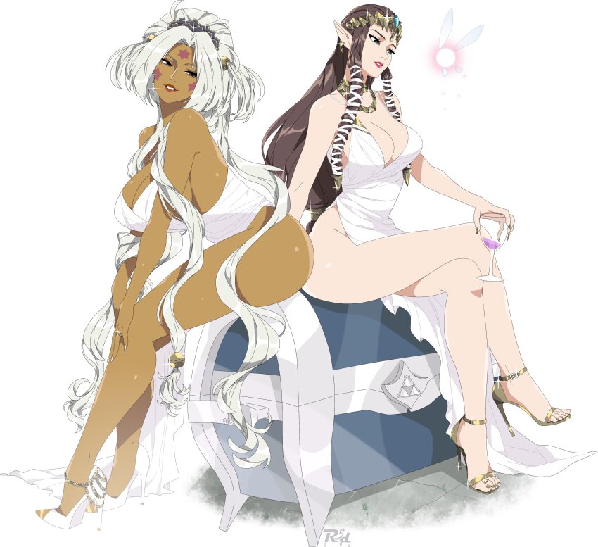 2girls, aa_megami-sama, absurdres, alternate_costume, arm_support, artist_logo, ass, bare_legs, bare_shoulders, bracelet, breasts, brown_hair, character_request, cleavage, collarbone, commentary, copyright_request, crossed_legs, cup, dark-skinned_female, dark_skin, dress, drinking_glass, earrings, english_commentary, eyelashes, facial_mark, fairy, feet, full_body, gold_footwear, gold_nails, grey_hair, hair_intakes, hair_ornament, hair_tubes, high_heels, highres, hild_(aa_megami-sama), holding, holding_cup, jewelry, large_breasts, legs, lens_flare, logo, long_hair, looking_at_another, mixed-language_commentary, multiple_girls, nail_polish, nintendo, parted_lips, pink_lips, pointy_ears, princess_zelda, r3dfive, revision, shiny_skin, sideboob, sidelocks, simple_background, sitting, sleeveless, sleeveless_dress, star_(symbol), star_facial_mark, stiletto_heels, strappy_heels, the_legend_of_zelda, the_legend_of_zelda:_twilight_princess, thighs, toe_ring, toenail_polish, toenails, toes, treasure_chest, very_long_hair, white_background, white_dress, white_footwear, wine_glass