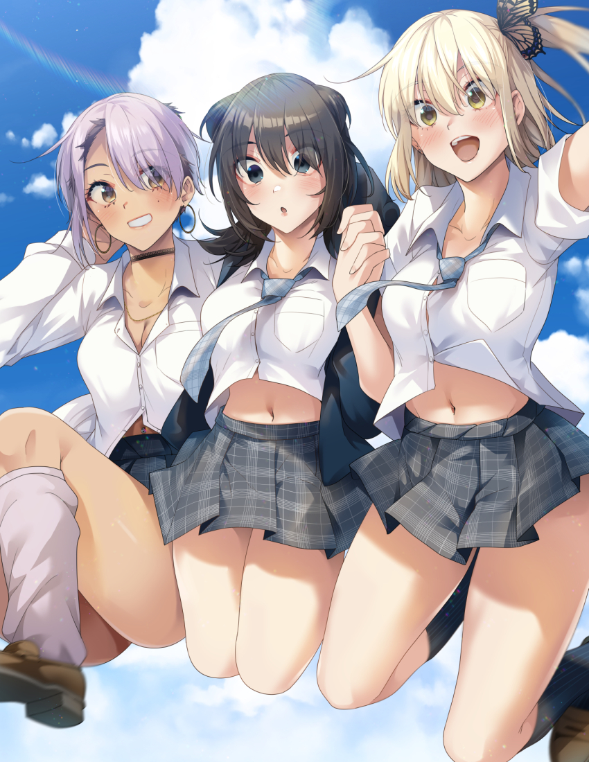 3girls, :o, asakura_ageha, black_eyes, black_hair, black_jacket, black_skirt, black_socks