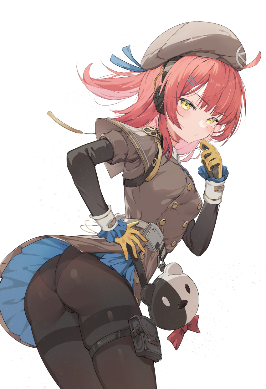 1girl, absurdres, ass, beret, black_pantyhose, brown_coat, cheeta_(girls'_frontline_2), coat, from_behind, girls'_frontline, girls'_frontline_2:_exilium, gloves, hair_ornament, hairclip, hand_on_own_hip, hand_up, hat, highres, lemures, looking_at_viewer, looking_back, medium_hair, mp7_(girls'_frontline), panties, pantyhose, pantyshot, pouch, red_hair, solo, thigh_pouch, thigh_strap, thighband_pantyhose, two-tone_gloves, underwear, white_background, yellow_eyes