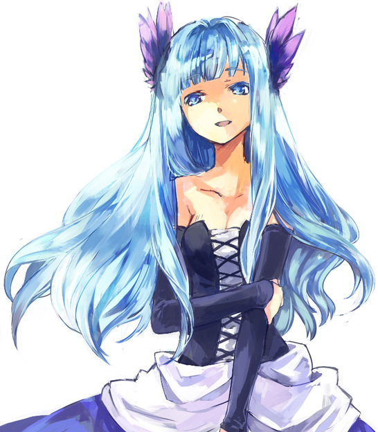 1girl, akr_et, arm_hug, bad_id, bad_pixiv_id, bare_shoulders, blue_eyes, blue_hair