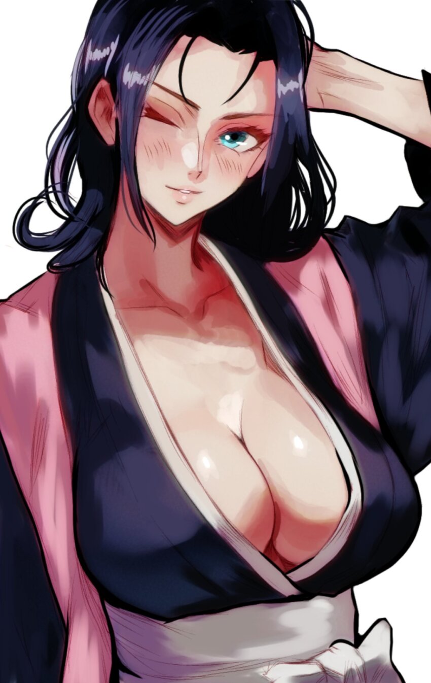 1girl, arm_at_side, arm_up, bion_(insomn_bion), black_hair, bleach, blush, breasts