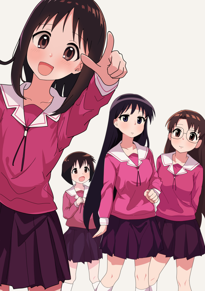 4girls, :d, :o, absurdres, achmad_sjahrir, arms_behind_back, azumanga_daioh's_school_uniform, azumanga_daiou, black_eyes, black_hair, black_socks, blunt_ends, bob_cut, breasts, brown_eyes, brown_hair, clenched_hand, collarbone, commentary, english_commentary, expressionless, feet_out_of_frame, glasses, head_tilt, highres, index_finger_raised, inverted_bob, kaori_(azumanga_daioh), kasuga_ayumu, light_blush, light_smile, long_hair, long_sleeves, looking_afar, looking_ahead, looking_at_another, looking_at_viewer, medium_breasts, medium_hair, mizuhara_koyomi, multiple_girls, neck_ribbon, open_mouth, own_hands_together, pink_serafuku, pink_shirt, pleated_skirt, pointing, pointing_at_viewer, purple_ribbon, purple_skirt, rectangular_eyewear, ribbon, sailor_collar, sakaki_(azumanga_daioh), school_uniform, serafuku, shirt, short_hair, simple_background, skirt, small_breasts, smile, socks, very_long_hair, w_arms, white_background, white_sailor_collar, white_socks, winter_uniform