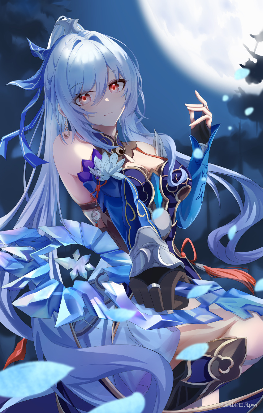 1girl, absurdres, artist_name, asymmetrical_gloves, bai_fan_pwr, bare_shoulders, black_gloves, blue_background, blue_footwear, blue_hair, blue_ribbon, blue_sleeves, breasts, bridal_gauntlets, chinese_commentary, cleavage, closed_mouth, commentary_request, cowboy_shot, crystal_sword, detached_sleeves, earrings, fingerless_gloves, full_moon, gloves, hair_ribbon, hand_up, highres, holding, holding_sword, holding_weapon, honkai:_star_rail, honkai_(series), jewelry, jingliu_(honkai:_star_rail), knee_up, leaning_back, light_blue_hair, light_smile, long_hair, looking_at_viewer, medium_breasts, mismatched_gloves, moon, moonlight, red_eyes, reverse_grip, ribbon, sidelocks, single_earring, solo, sword, weapon