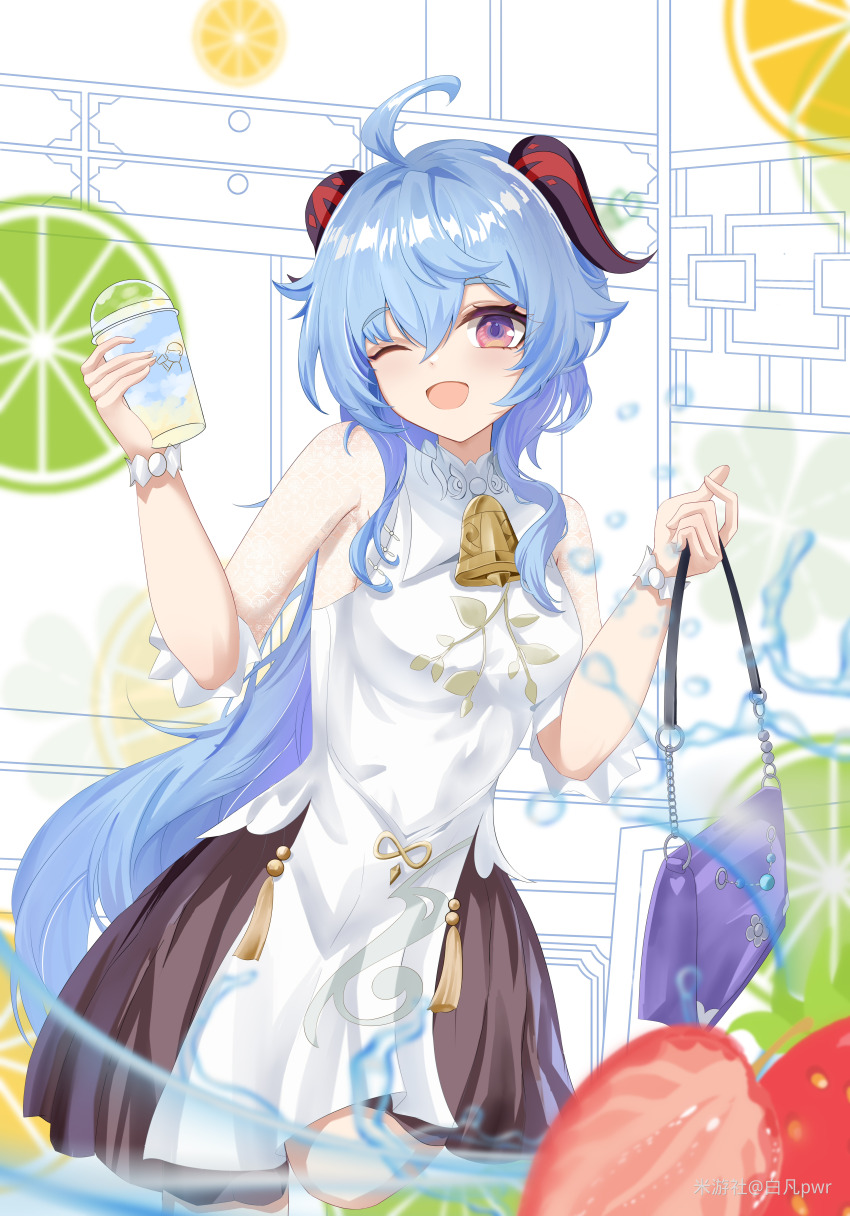 1girl, absurdres, ahoge, artist_name, bag, bai_fan_pwr, bell, blue_hair
