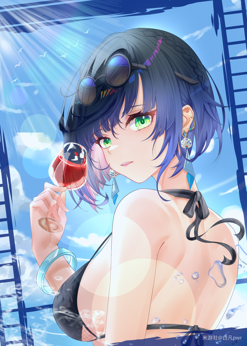 1girl, absurdres, alcohol, alternate_costume, back, bai_fan_pwr, bare_back, bikini, black-framed_eyewear, black_bikini, black_hair, blue_hair, blue_sky, bob_cut, bracelet, breasts, chinese_commentary, cloud, commentary_request, cup, day, diagonal_bangs, dice, dice_earrings, drinking_glass, earrings, eyewear_on_head, from_behind, genshin_impact, gradient_hair, green_eyes, halterneck, highres, holding, holding_cup, jewelry, large_breasts, looking_at_viewer, looking_back, multicolored_hair, nape, open_mouth, short_hair, sidelocks, sky, solo, string_bikini, sunglasses, sunlight, swimsuit, upper_body, water, wine, wine_glass, yelan_(genshin_impact)