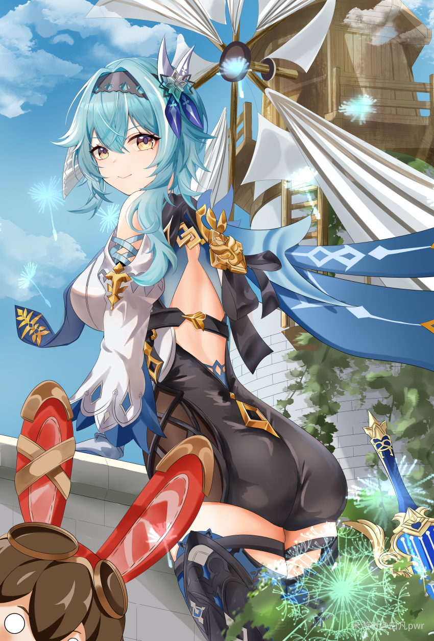 1girl, absurdres, against_railing, ass, back, backless_outfit, bai_fan_pwr, baron_bunny_(genshin_impact)