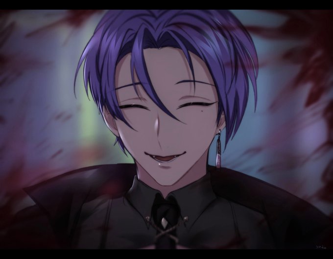 1boy, blood, blood_on_screen, blood_splatter, closed_eyes, earrings, jewelry, kuya_(nu_carnival), looking_at_viewer, male_focus, mole, mole_under_eye, nu_carnival, open_mouth, purple_hair, short_hair, smile, smug, teeth, upper_body, yadome810