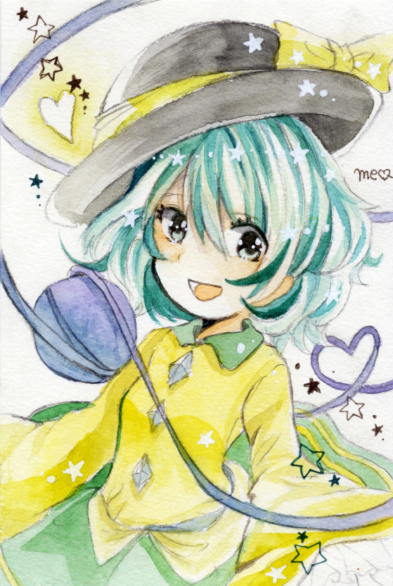 1girl, black_hat, blouse, bow, breasts, collared_shirt, cowboy_shot, green_hair